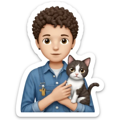 Apple emoji of a curly hair and dark brown eyes 13 year old boy with denim shirt and overalls with a black and white cat sticker