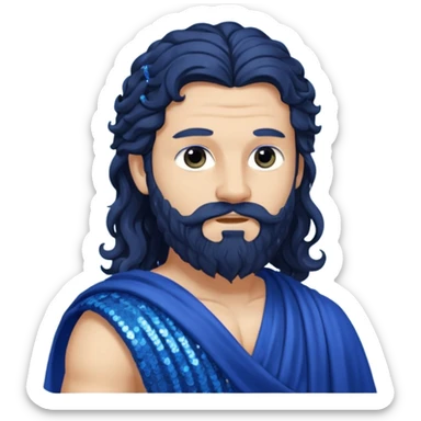 Auster, God of Summer Roman Deities with long black wavy hair and beard, indigo sequin toga sticker