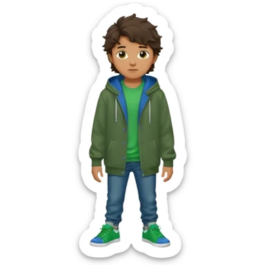 a 14 year old slightly tanned teenage boy with dark brown tousled wavy hair, wearing a green tshirt, with a dark green hoodie overcoat with blue jeans and green shoes sticker