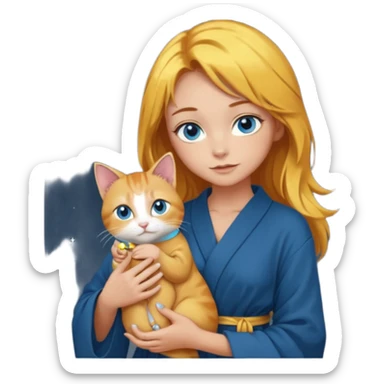 lightly tanned skin, blue eyes, cute and sexy girl with bright yellow-brown hair in a dark sky pallete robe, golden rings, slight cute makeup, full body, slightly turned aside pose, holding a cat in hands sticker