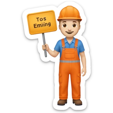 emoji style railway engineer full body in orange overalls, holding a sign in front of him sticker