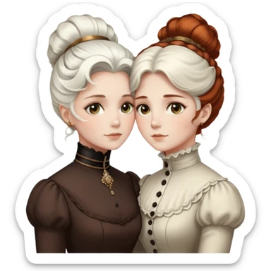 Two Victorian women with light eyes hugging closely, one with elegant white coiffed hair and one with dark copper coiffed hair, both wearing high-necked Victorian turtleneck dresses sticker