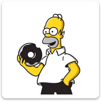 Homer Simpson hand-drawn doodle style, yellow skin, white shirt, blue pants, bald with two hairs on top, holding a donut sticker