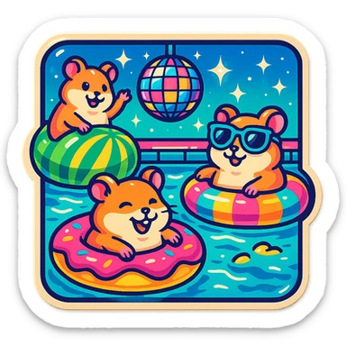square Discord server icon, playful pool party scene with hamsters, weed leaves, cheese, THC theme, shiny disco ball overhead, retro nostalgia style with 80s/90s colors, bold outlines, neon accents, fun pool floats, sparkles, centered clear composition sticker