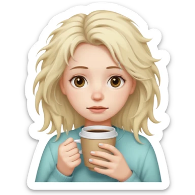 tired woman with dark circles under eyes holding a coffee cup, messy hair, soft pastel emoji style, calm neutral background sticker