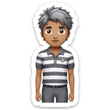 can you make an emoji of a man wearing a polo striped sweater and blak pants . gray and whtie stripes on the sweater, indian man with messy hair sticker