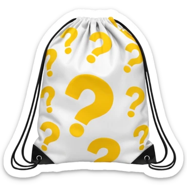 drawstring bag printed withoverstuffed with yellow question marks sticker