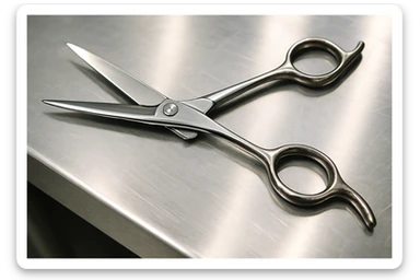 A set of professional barber scissors lies on a stainless steel workbench, gleaming under the bright lights. The blades are sharp and precise, with smooth handles showing signs of frequent use, ready for the next cut sticker