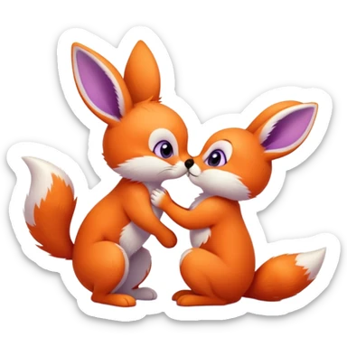 A small purple bunny kissing an orange fox cub with a bushy tail sticker