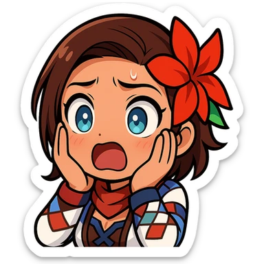 Azucena from Tekken 8 in chibi sticker style with a shocked expression, hands on cheeks, designed for Twitch emote use. sticker