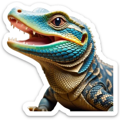 Cinematic Cute Yawning Monitor Lizard Portrait Emoji, Head tilted slightly with a dramatic, wide-open yawn, showcasing textured, patterned scales and sleepy, half-closed eyes exuding relaxed charm, Simplified yet irresistibly adorable features, highly detailed, glowing with a soft, cozy glow, high shine, relaxed yet expressive, stylized with a dash of whimsical wildness, soft glowing outline, capturing the essence of a drowsy yet affectionate reptile that appears ready to stretch out for a nap! sticker