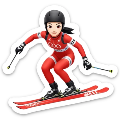 Ski racer downhill squat woman red white dress Steffi lettering Ski Head lettering black hair smile sticker