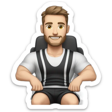 Pale skinned Fit Man With the biceps and dark brown hair in black shirt, gray sports shorts and white Sneakers Sitting on a chair sticker