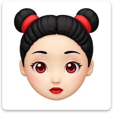 Pucca's cartoon face, apple-style emoji, cute expression, black hair buns, red accents, no body, no text sticker