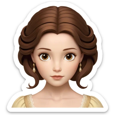 Cinematic Realistic Belle Portrait, depicted with lifelike skin texture, soft natural lighting, and intricately detailed brown hair styled elegantly. Her deep, expressive eyes exude warmth and intelligence, complemented by a serene and graceful expression. She is dressed in her classic attire, with rich fabric textures and delicate folds that catch the light beautifully. The portrait features a soft, enchanting glow with a natural, radiant finish, capturing the essence of timeless beauty in a realistic and painterly style, evoking a sense of depth and authenticity. sticker