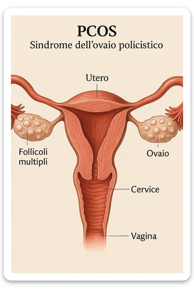 Immagine medica 3D realistica: PCOS vista in sezione anatomica, ovaie con molti follicoli, utero e ovaie evidenziati, dettagli clinici, colori naturali, didascalie in italiano, aspect ratio 2:3. sticker