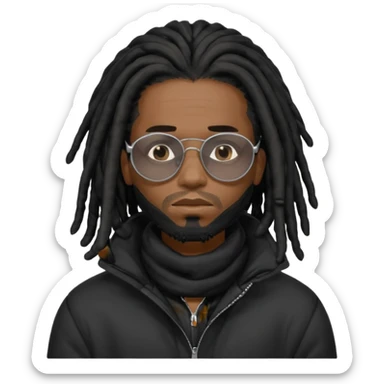 African American man brown skin complexion with black dreadlocks shoulder length wearing black bubble winter coat wearing black sunglasses with right hand on face covering sad face sticker