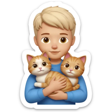 "Apple Memoji style 3D character, a young man person gently petting and hugging a cute fluffy cat, peaceful and happy facial expressions, soft studio lighting, clean 3D clay render, vibrant colors, minimalist aesthetic, high detail, high resolution, isolated on a plain white background." sticker