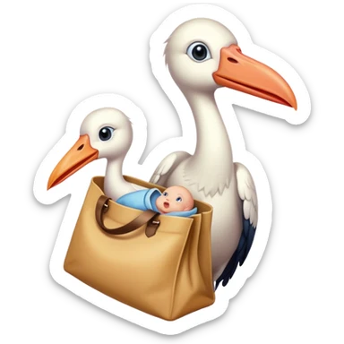 stork holding a bag with a human baby peeking out sticker