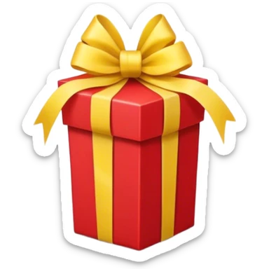 Front-facing upright red gift box with a yellow ribbon and a centered bow. sticker