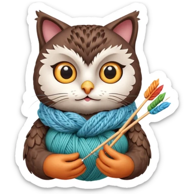 knitting owl portrait, head and shoulders only, cute cat holding knitting needles and yarn, cozy expression, warm handmade vibe, soft feathers, 3D cartoon style, mobile game icon style, clean background, no text, no watermark
 sticker