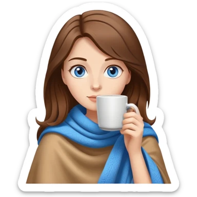 Brown hair with blue eyes lady wearing light brown blanket drinking coffee  sticker