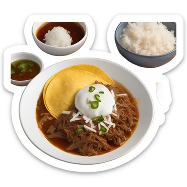 Cheesy shredded beef Birria tacos on a white plate with consome and rice on the side sticker