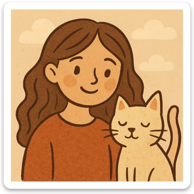 a girl with long wavy brown hair and brown eyes smiling with a cat beside her, soft warm style sticker