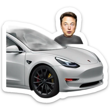 Elon musk riding a all black Tesla Model 3 viewed from front with head popping from window sticker