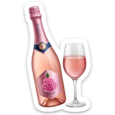 bottle of sparkling rosé with a rose logo on the label, angled to the left, no glass sticker