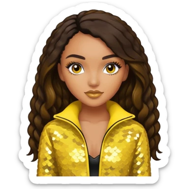 Leigh-Anne Pinnock from Little Mix with long dark brown hair, yellow sequin outfit sticker