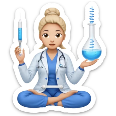 emoji of an asian woman with a single bun in a blue lab coat sitting cross legged with dna levitating above one hand and a micropipette above the other hand sticker