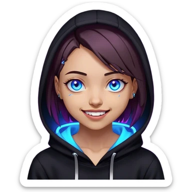 a girl with a brown bob and blue eyes in a black hoodie laughs and holds her head Cyberpunk style. Violet neon. sticker