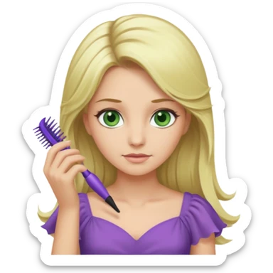 blonde woman with swamp green eyes, soft purple dress, combing her hair, iOS emoji style sticker