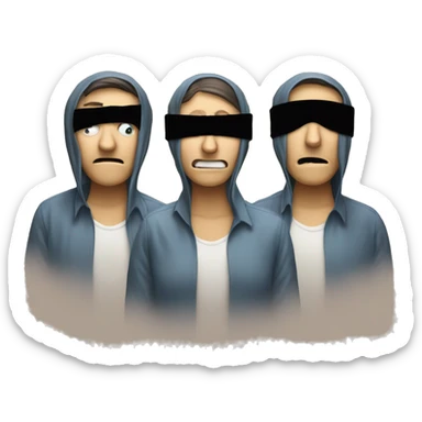 An emoji of three people representing 'see no evil, hear no evil, speak no evil.' One person has their eyes covered with a blindfold, another is covering their ears, and the third is covering their mouth sticker