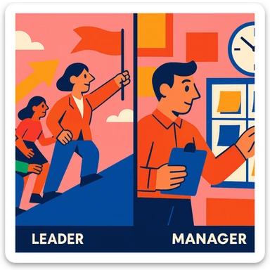 split image with left side showing a leader guiding a team and right side showing a manager organizing tasks, both working together in vibrant toon style sticker