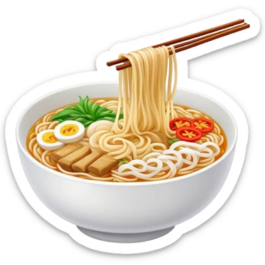 Yunnan over-the-bridge rice noodles with separate ingredients, simplified emoji style with bold outlines and bright colors, cartoon style Chinese noodle dish sticker