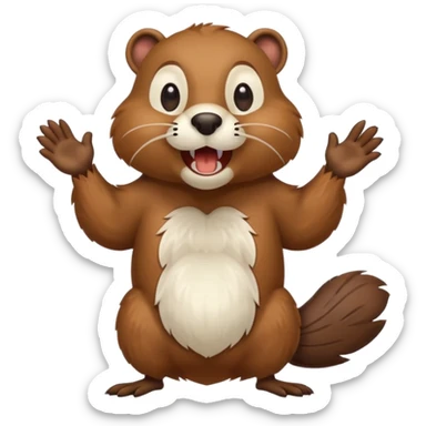  A crazy beaver is standing on its hind legs with its front paws stretched out in front of it. It has a brown fur coat with white fur around its eyes and nose. mouth is open, revealing sharp teeth.  sticker