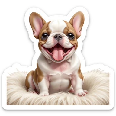 Cinematic Cute Yawning Pied French Bulldog Portrait Emoji, Head tilted with an exaggerated, endearing yawn and sleepy, squinty eyes, showcasing a unique pied fur of contrasting colors with a playful expression, simplified yet irresistibly adorable, highly detailed, glowing with a soft, cozy radiance, high shine, exuding a relaxed, humorous charm, styled with a gentle, soft glowing outline, capturing the essence of a Pied French Bulldog in a blissfully cute yawn that warms the heart! sticker