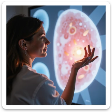 woman with PCOS observing a medical illustration of healthy mature oocytes, expression of hope and satisfaction, clinical environment, light colors, realistic photography or medical art sticker