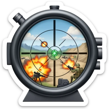 An icon symbolizing first-person shooter games. The design features a circular sniper scope view with crosshairs aimed at a distant target. The background shows a battlefield with soldiers and explosions, capturing the action-packed intensity of FPS games. Transparent background. sticker