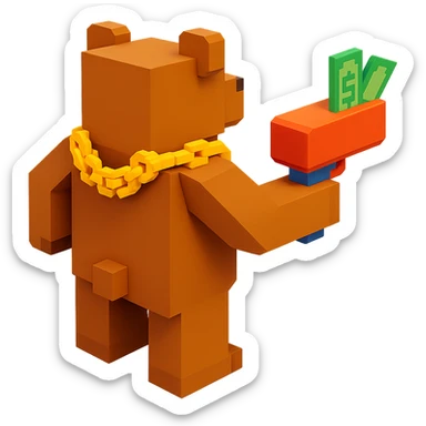 A grizzly bear with a chain and a money gun, voxel style, facing backward sticker