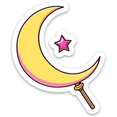 Sailor Moon's Moon Stick magical wand with a golden crescent moon and pink gem, magical anime style sticker