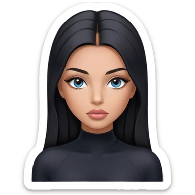 Glamours, tanned, very beautiful girl, with big pump peach-beige-rose lips, long long lashes, black straight smooth silky long hair, straight parting hair, blue-grey eyes in black long-sleeves bodysuit sticker