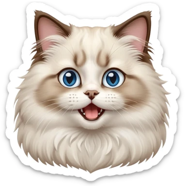 cinematic-adorable-big-eyed-fluffy-ragdoll-cat-portrait-emoji,-head-tilted-playfully-with-a-cute,-yawn,-white and brown fur,-simplified-yet-irresistibly-cute-features, blue eyes sticker