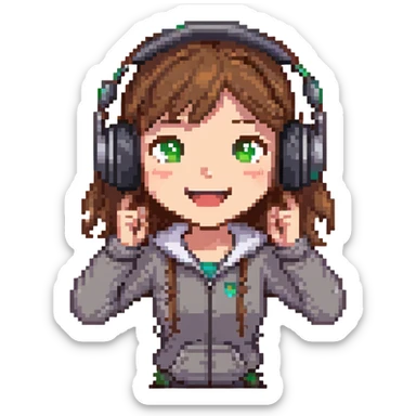 brown-haired gamer girl, excited expression, headphones, head only, emote sticker