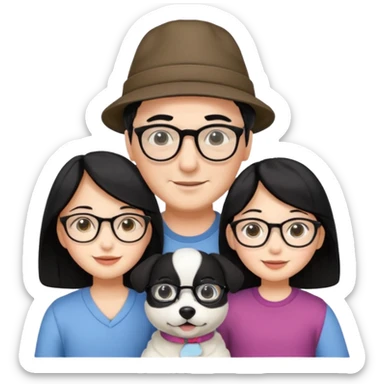 (Mom black hair with glasses, Dad black hair with hat, Daughter black hair with glasses, white Dog) sticker