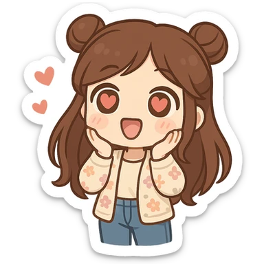 3D chibi style high-quality rendering smooth shadows soft gradients girl with long brown hair styled in two space buns brown eyes wearing jeans pastel floral cardigan thick white outline like a sticker transparent background in love hearts in her eyes preserve facial features sticker