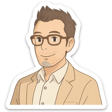 soft color, business casual man with dark brown fauxhawk, white shirt, brown rectangular glasses, graying stubble on chin sticker