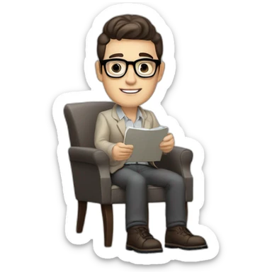 Pale skinned Fit Man With dark brown hair in gray jacket, beige office shirt and vintage glasses sitting In a soft chair with a notebook with emblem Ψ and a pen in his hands sticker